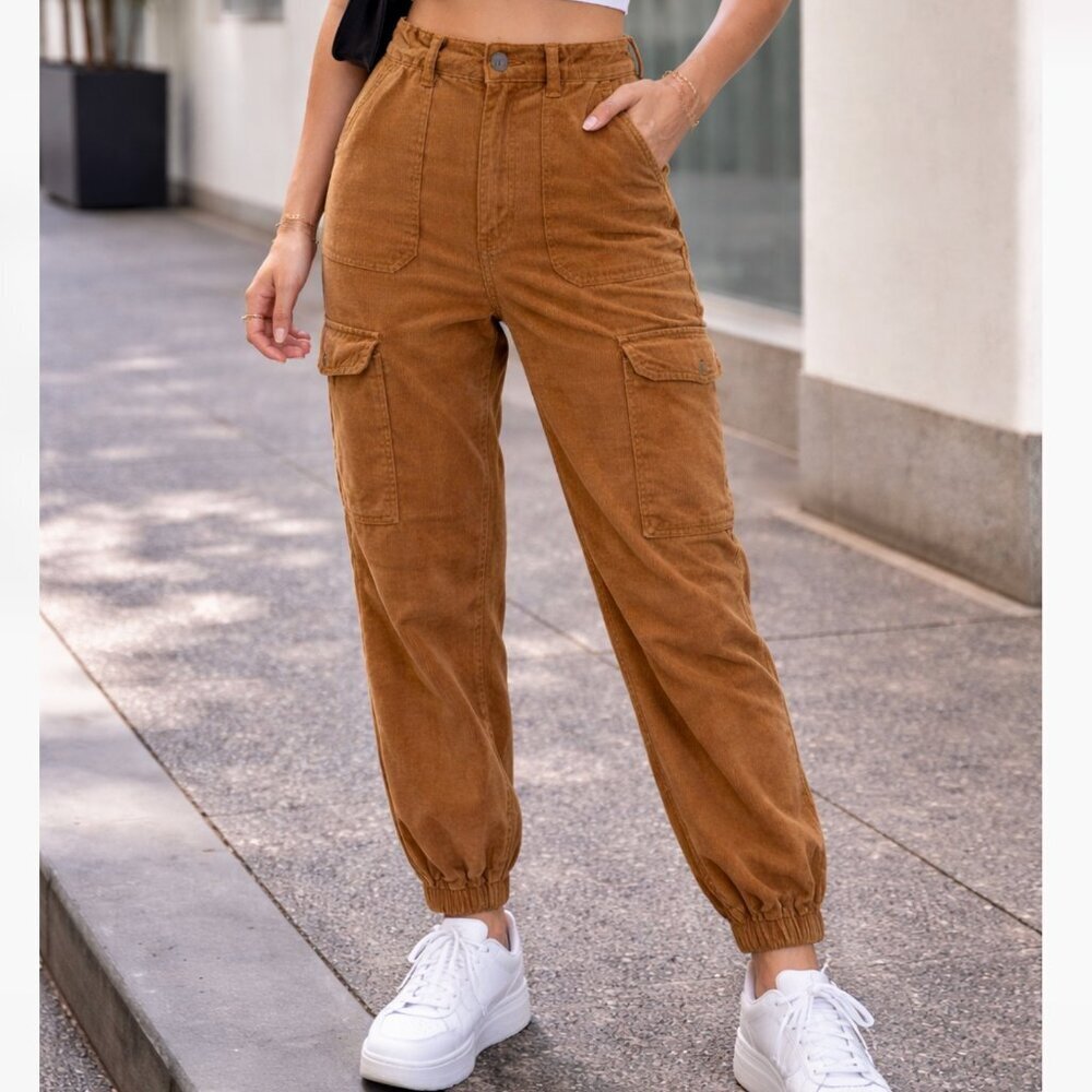 Avec Les Filles High Rise Cargo Jogger Pants Size XS Brown Utility Chic